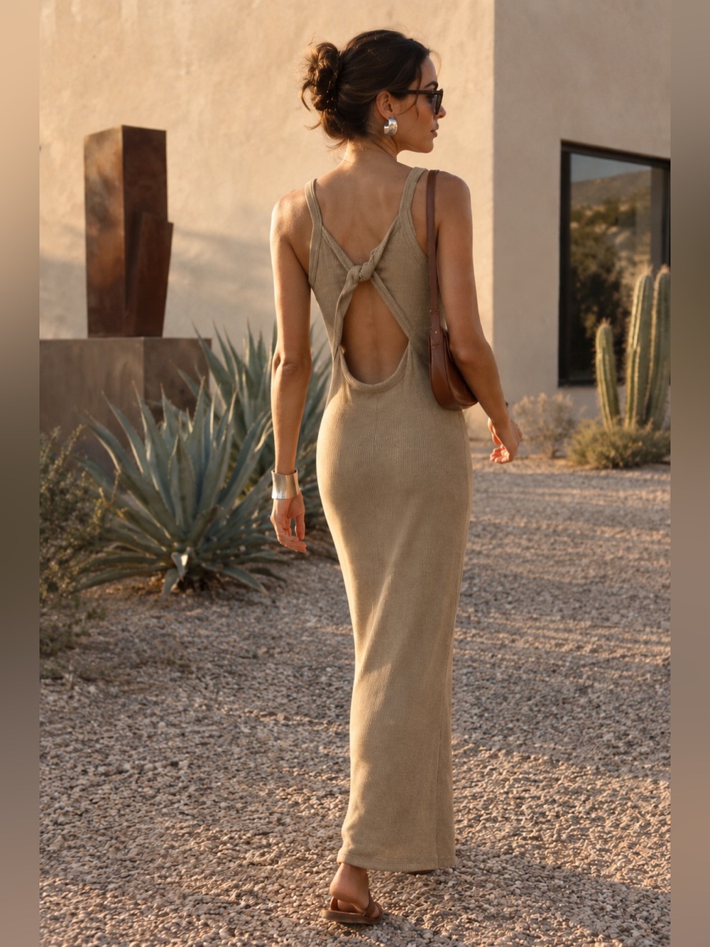 Anna Grace Tan Ribbed Knit Maxi Dress M Open Cutout Knot Back Made in USA